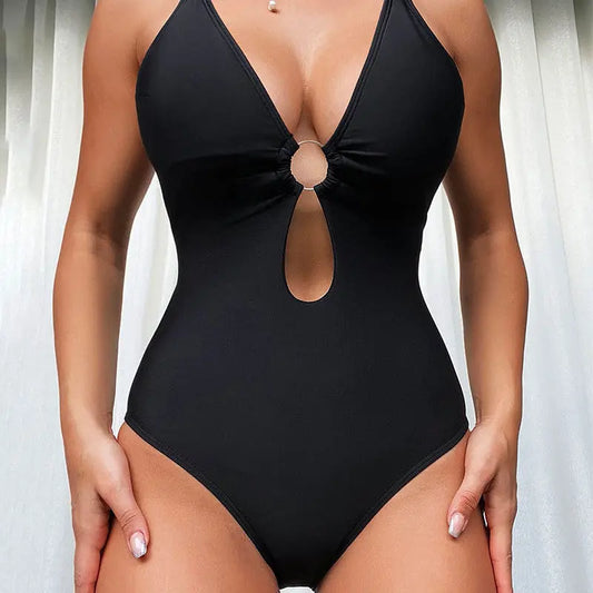 Women's Deep V One-piece Swimsuit Underwire Lanyard